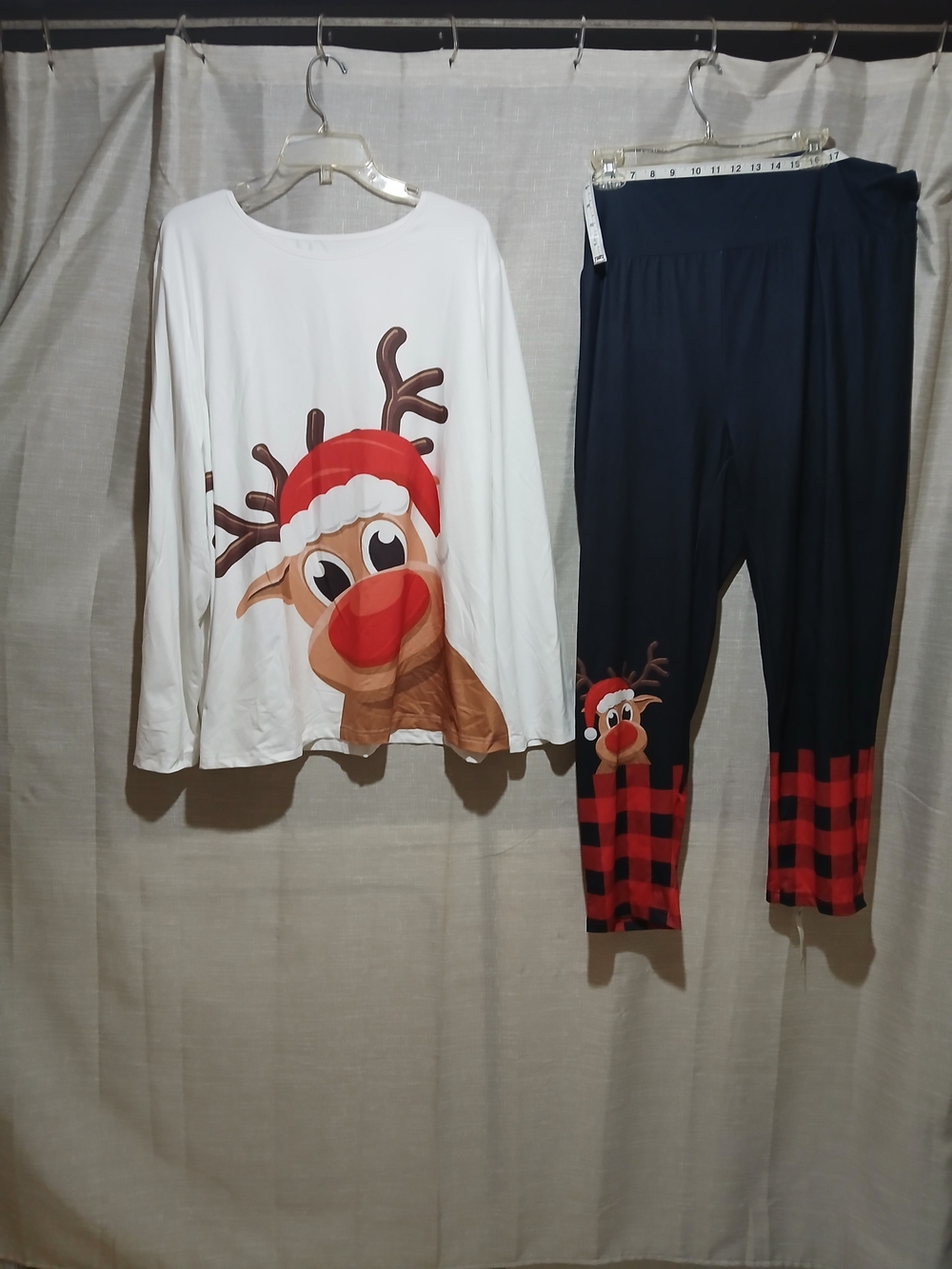 Womens Holiday Reindeer Pantsuit White Top & Black Pants